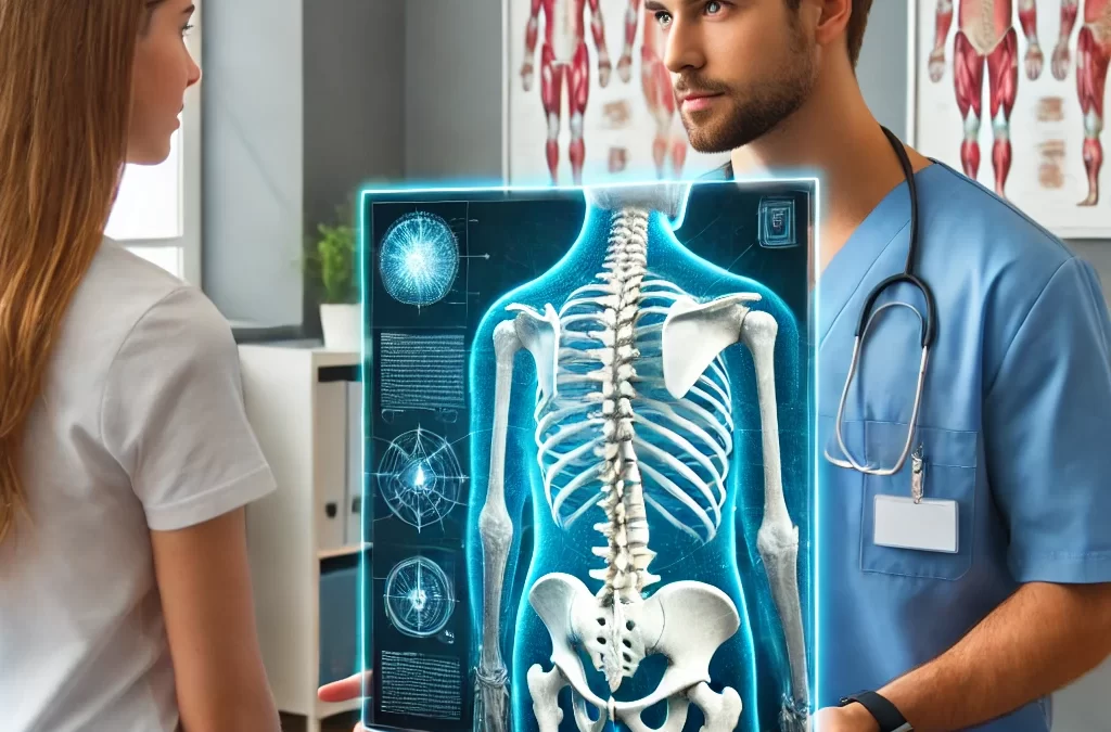 un osteopata spiega l'anatomia della colonna ad un paziente